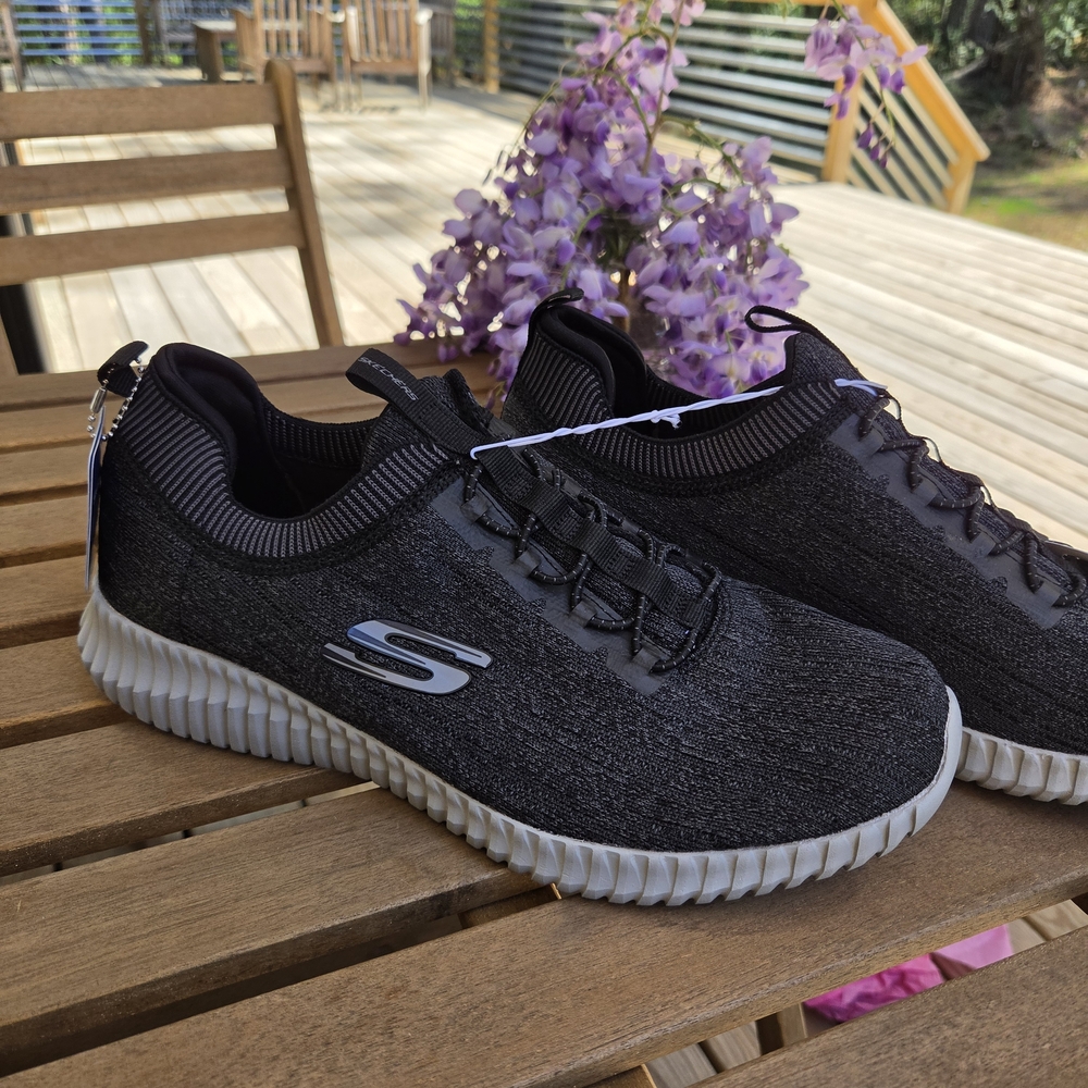 Skechers Black Slip-On Knit Sneakers with White Sole